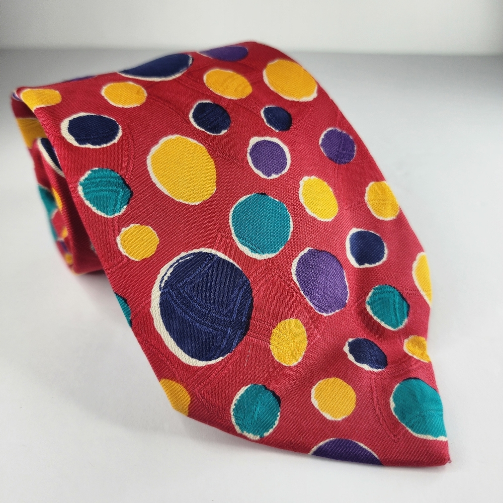 PAUL FREDRICK Red Multi-Color Circles Silk Tie.